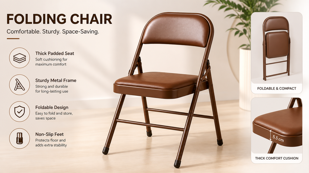 TOBY Brown Padded Folding Chair – Portable PU Leather Folding Chair with Heavy-Duty Steel Frame