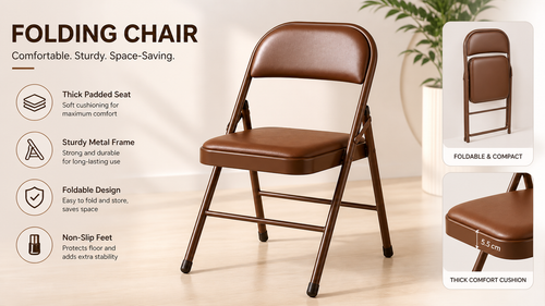 TOBY Brown Padded Folding Chair – Portable PU Leather Folding Chair with Heavy-Duty Steel Frame