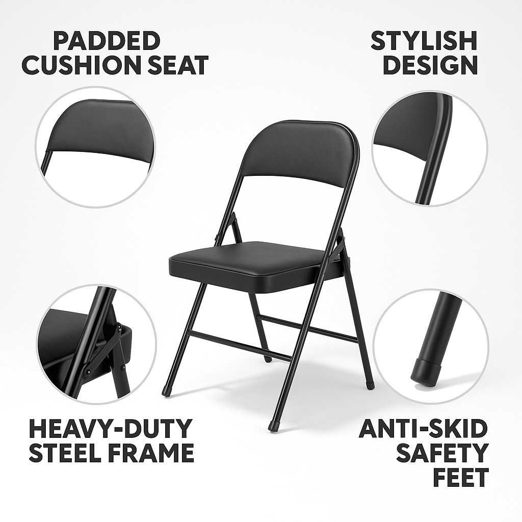 TOBY Foldable Padded Metal Chair – Portable PU Leather Folding Chair with Heavy-Duty Steel Frame