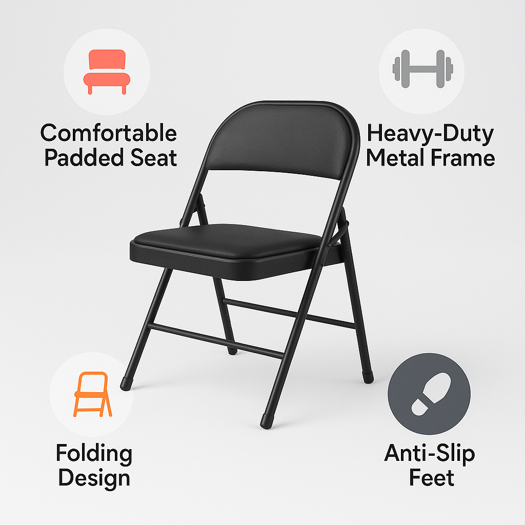 TOBY Foldable Padded Metal Chair – Portable PU Leather Folding Chair with Heavy-Duty Steel Frame