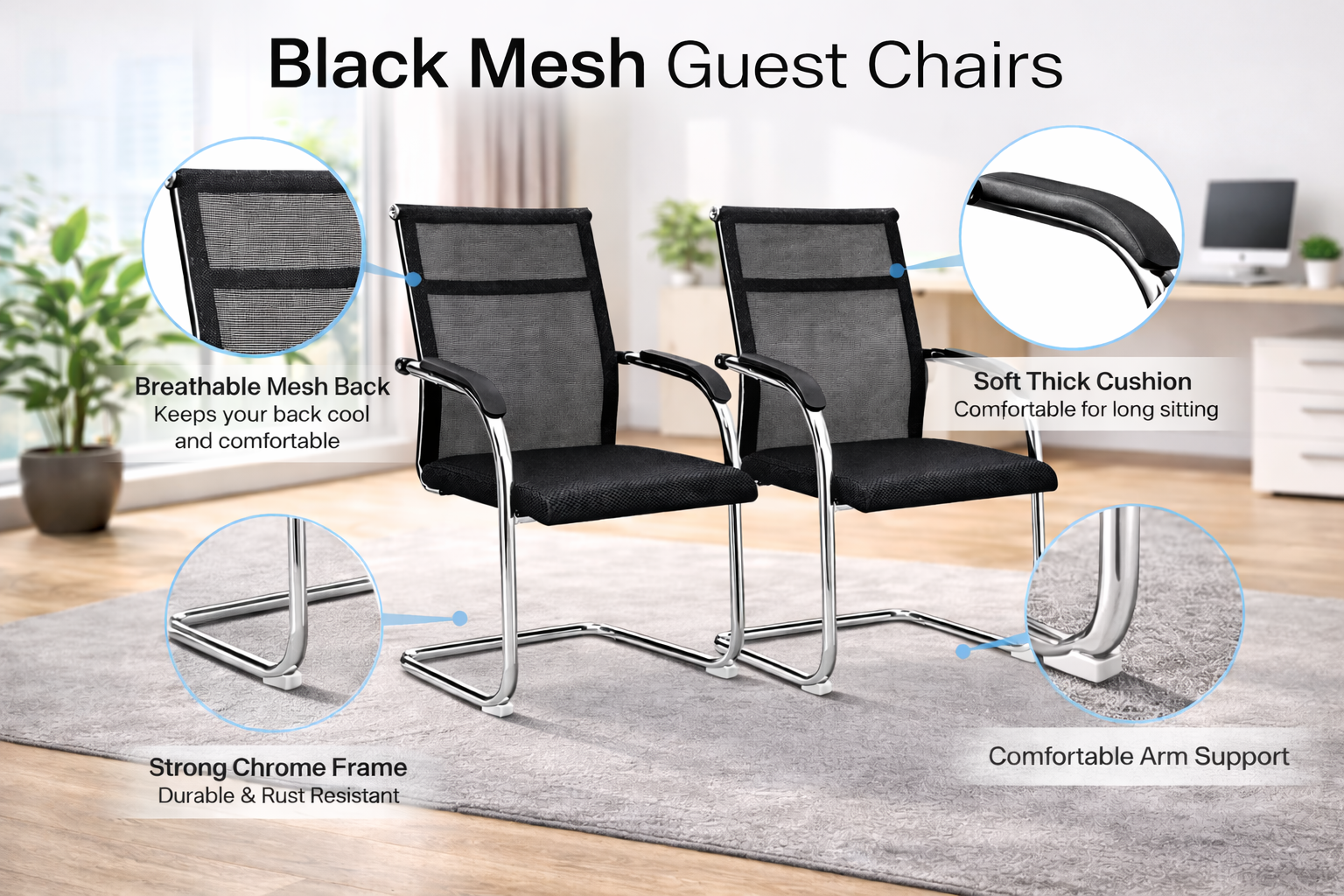 Example proTOBY Black Mesh Guest Chair Set – Ergonomic Office Visitor Chairs with Chrome Frame & Armrests (Set of 2)