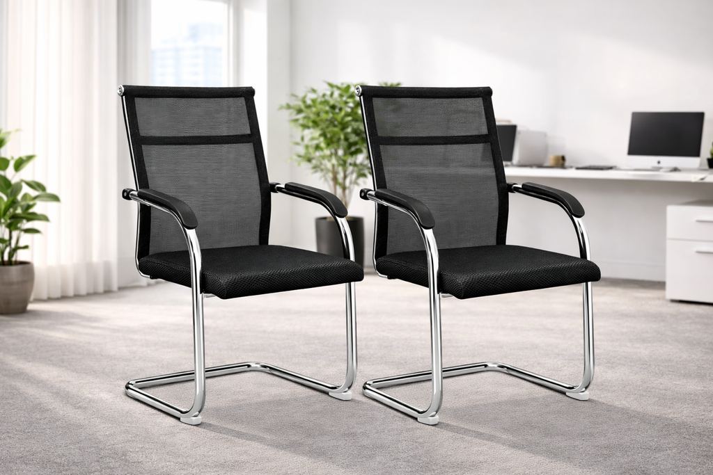 Example proTOBY Black Mesh Guest Chair Set – Ergonomic Office Visitor Chairs with Chrome Frame & Armrests (Set of 2)