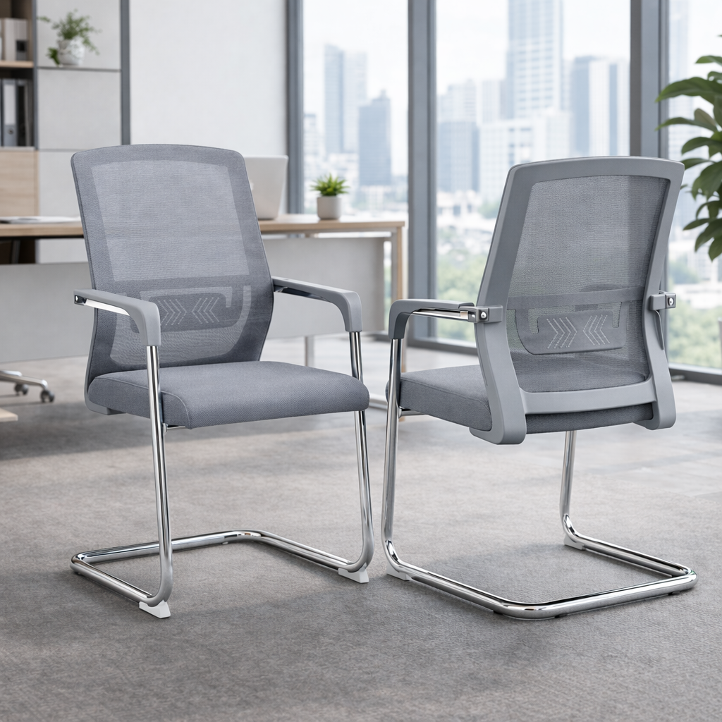 TOBY Ergonomic Grey Mesh Office Guest Chair Set of 2 with Lumbar Support – Modern Visitor Chairs with Chrome Cantilever Frame