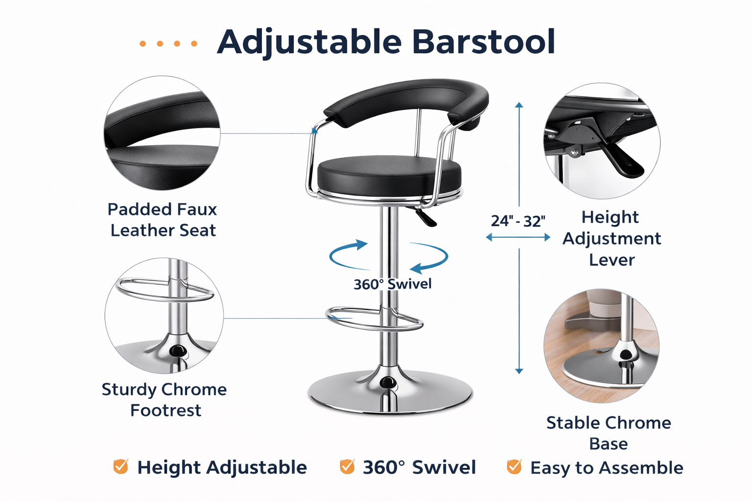 TOBY Adjustable Swivel Bar Stool – Height Adjustable Faux Leather Counter Stool with Chrome Base & Footrest