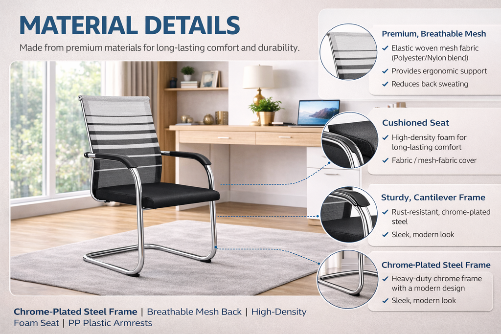 Toby Modern Mesh Visitor Chair Set of 2 – Ergonomic Office Conference Chairs with Chrome Cantilever Frame & Cushioned Seat