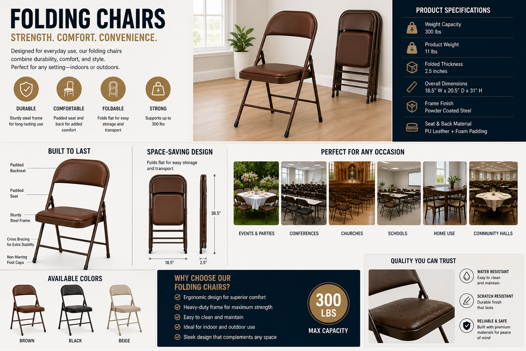 TOBY Brown Padded Folding Chair – Portable PU Leather Folding Chair with Heavy-Duty Steel Frame
