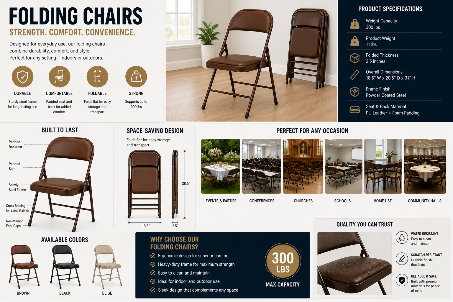 TOBY Brown Padded Folding Chair – Portable PU Leather Folding Chair with Heavy-Duty Steel Frame