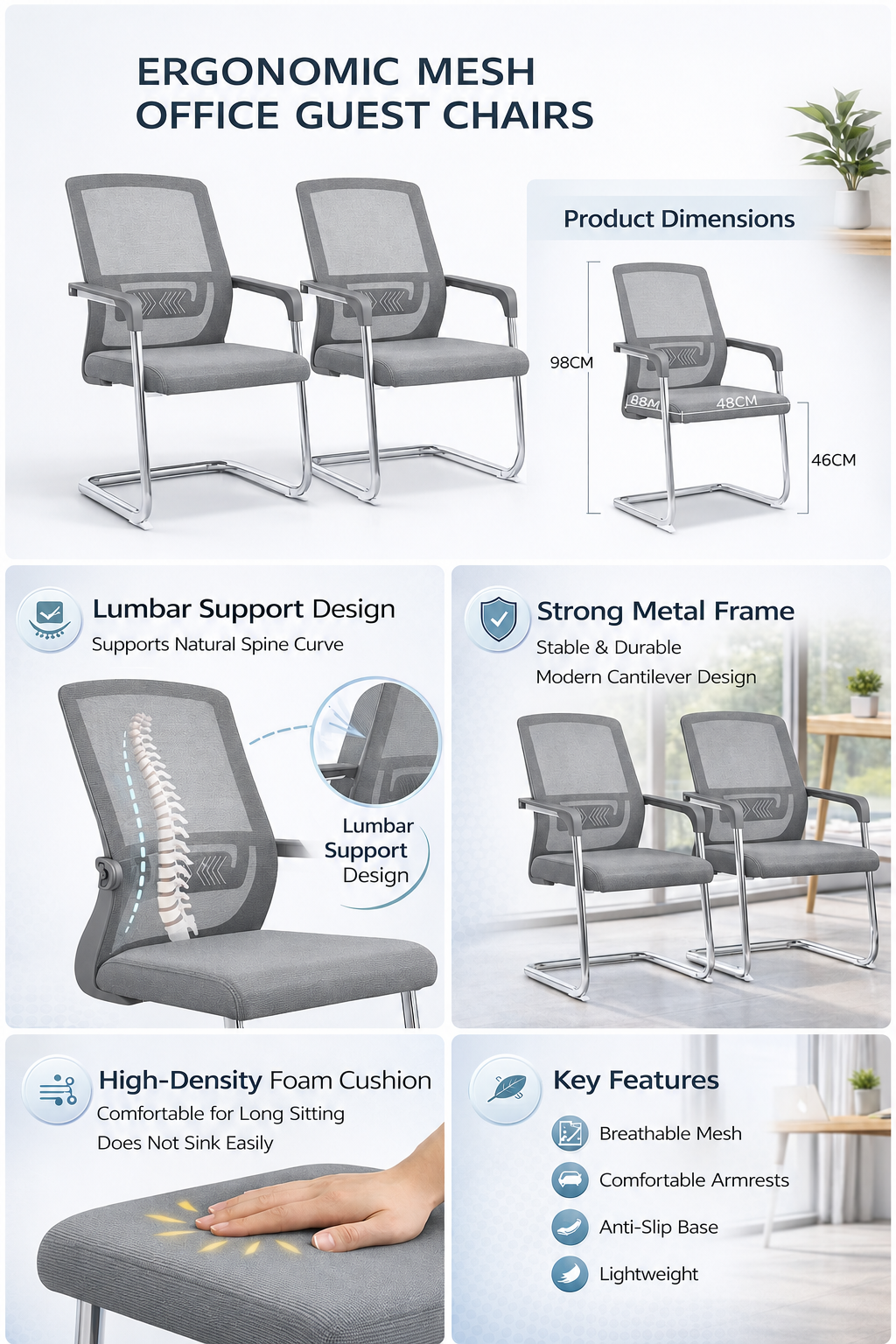TOBY Ergonomic Grey Mesh Office Guest Chair Set of 2 with Lumbar Support – Modern Visitor Chairs with Chrome Cantilever Frame