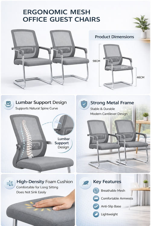 TOBY Ergonomic Grey Mesh Office Guest Chair Set of 2 with Lumbar Support – Modern Visitor Chairs with Chrome Cantilever Frame