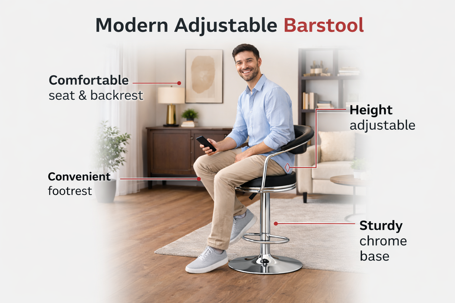 TOBY Adjustable Swivel Bar Stool – Height Adjustable Faux Leather Counter Stool with Chrome Base & Footrest