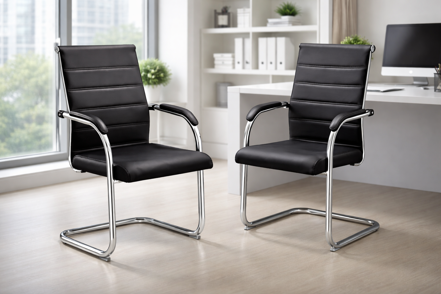TOBY Modern Faux Leather Visitor Chair Set of 2 – Executive Office Guest Chairs with Chrome Cantilever Frame