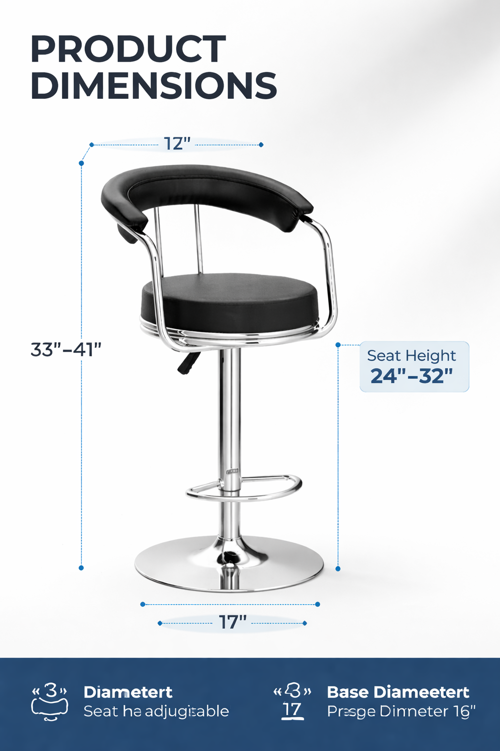 TOBY Adjustable Swivel Bar Stool – Height Adjustable Faux Leather Counter Stool with Chrome Base & Footrest